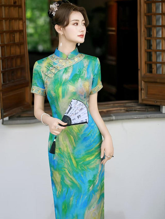 Qipao Jacquard,Vestido Cheongsam,Vestido Étnico Bordado, Maxi Qipao Artístico Azul Verde,Vestido Formal Tradicional Asiático,Vestido de Lujo