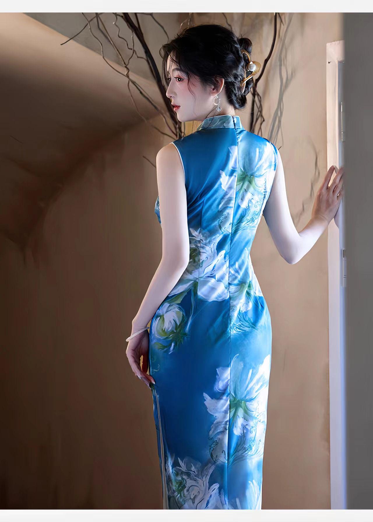 Vestido Qipao Malla Azul,Cheongsam Floral Acuarela,Vestido Chino Moderno,Vestido de Fiesta Cultural,Qipao Primavera Verano, regalo para ella