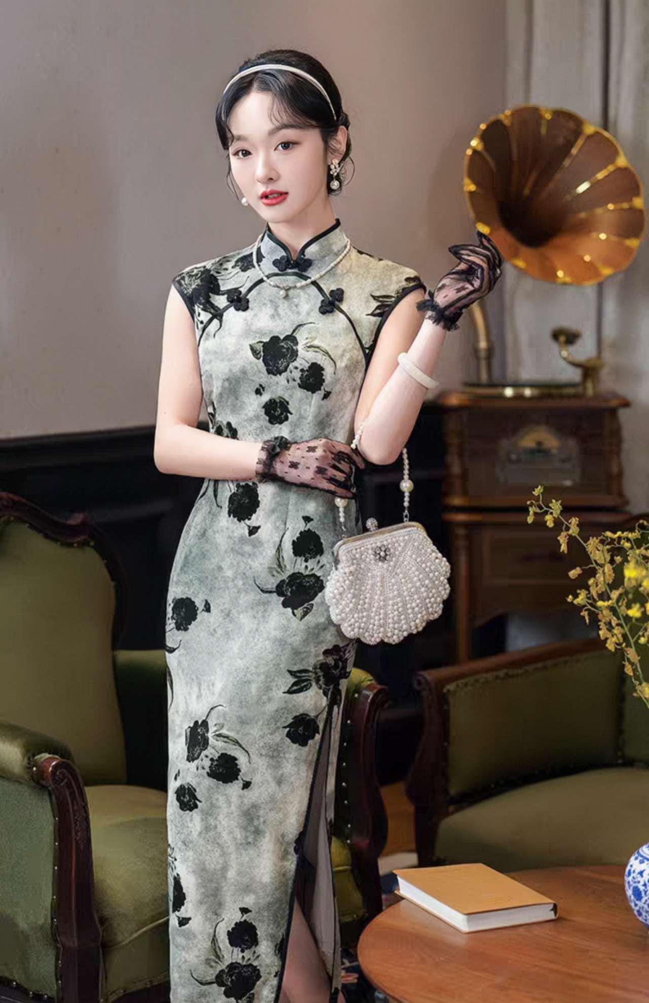 Qipao Floral Tinta, Vestido Cheongsam Gris, Qipao Vintage Moderno, Moda Retro Asiática, Look Clásico Chino, Vestido para Ceremonia del Té
