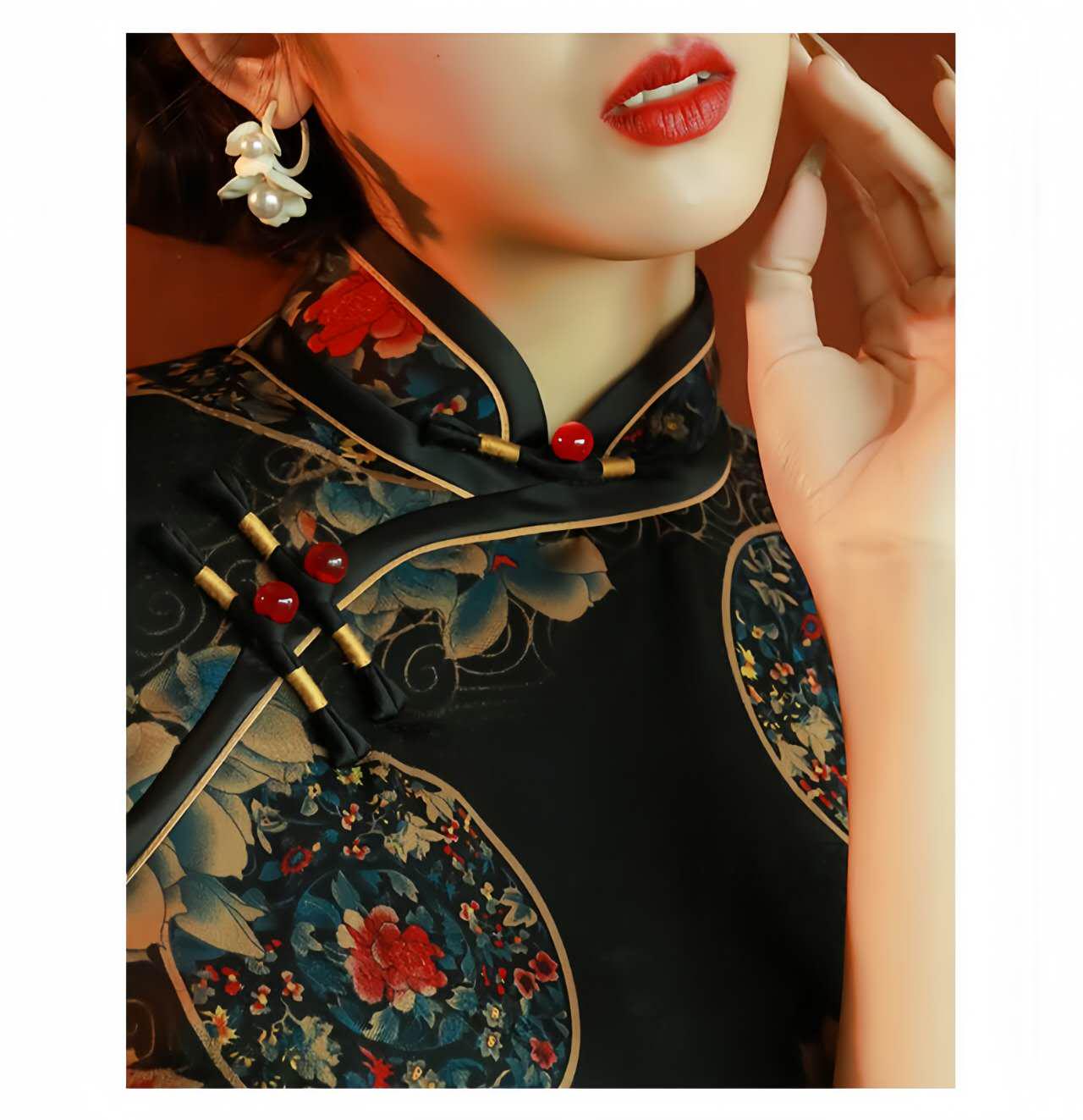 Vintage Chinese Cheongsam - Elegant Evening Dress with Lucky Cloud and Orchid Motif - Unique Printed Oriental Dress