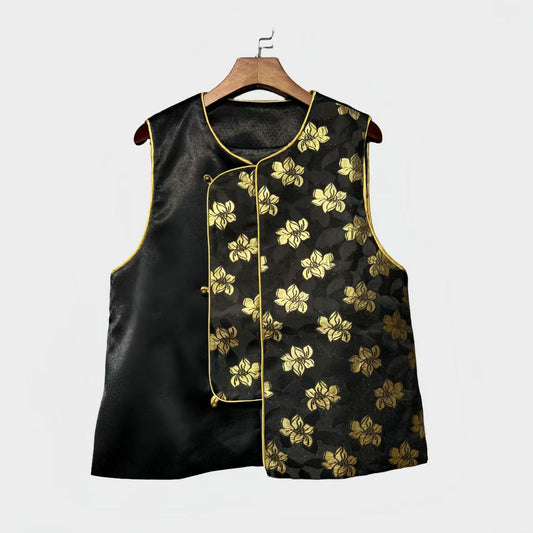 Chaleco Qipao Brocado de Seda, Chaleco Floral Oro Negro, Top Jacquard Oriental, Traje de Capas Asiático, Vintage,Moda Estilo Dinero Viejo