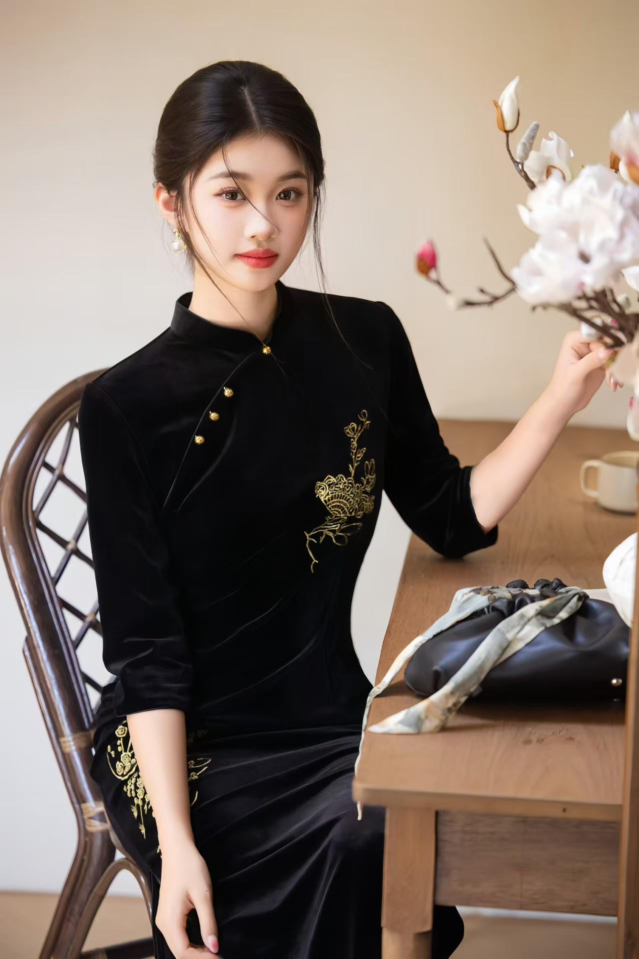 Velvet Embroidered Qipao Dress, Black Cheongsam with Gold Floral Embroidery, Elegant Oriental Midi Dress, Luxury Autumn Chinese Dress