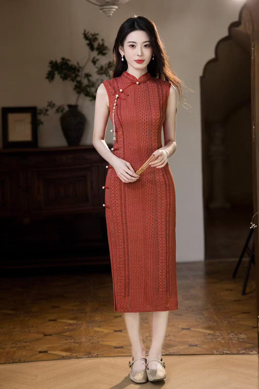 Elegant Knitted Qipao Dress, Double-Layer Cheongsam, Autumn Winter Velvet, Vintage Gown with Mandarin Collar, Floral Print, Gift
