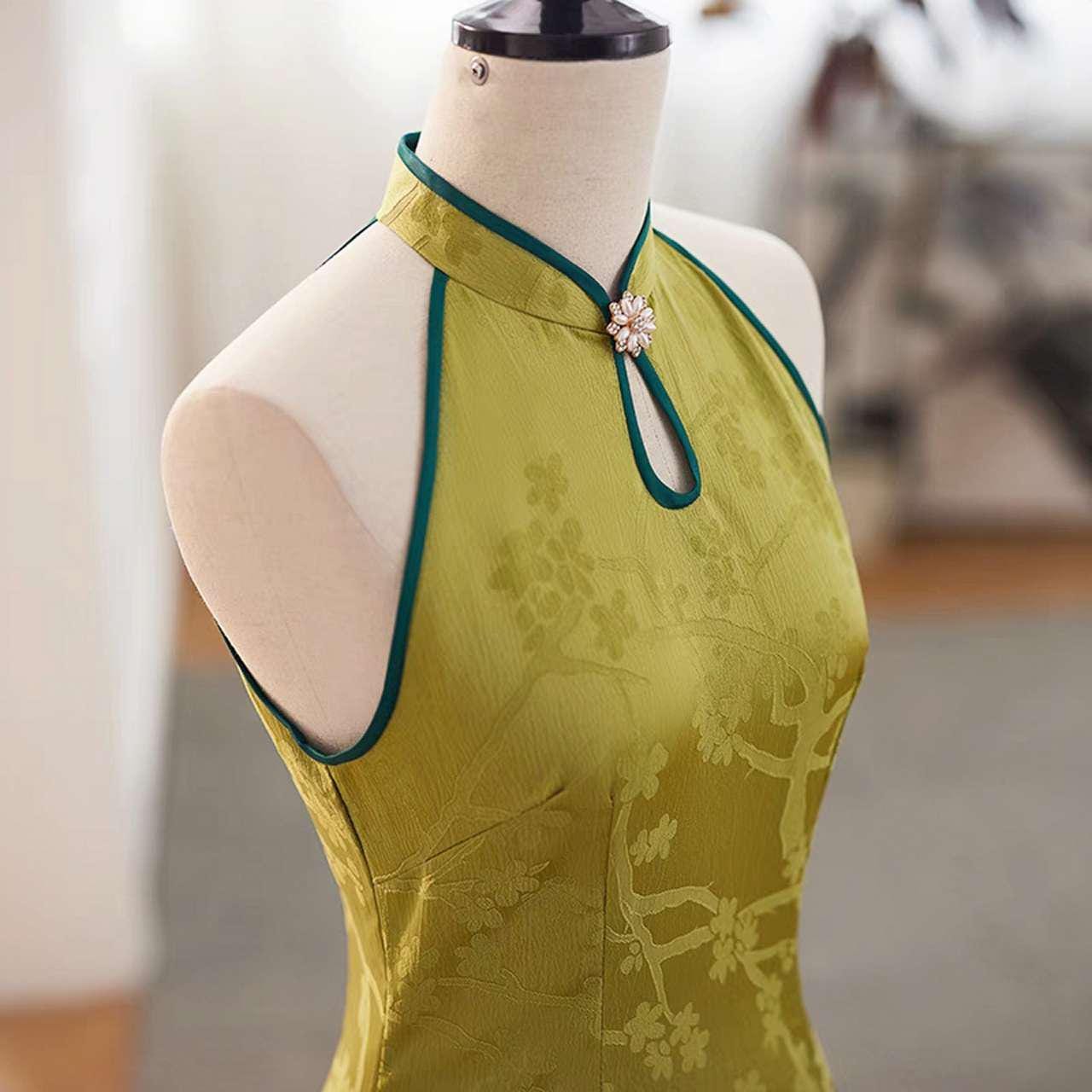 Qipao Verde Halter, Vestido de Brocado Floral Cheongsam, Vestido Chino de Verano, Traje de Invitada de Boda,Vestido Vintage Elegante para Té