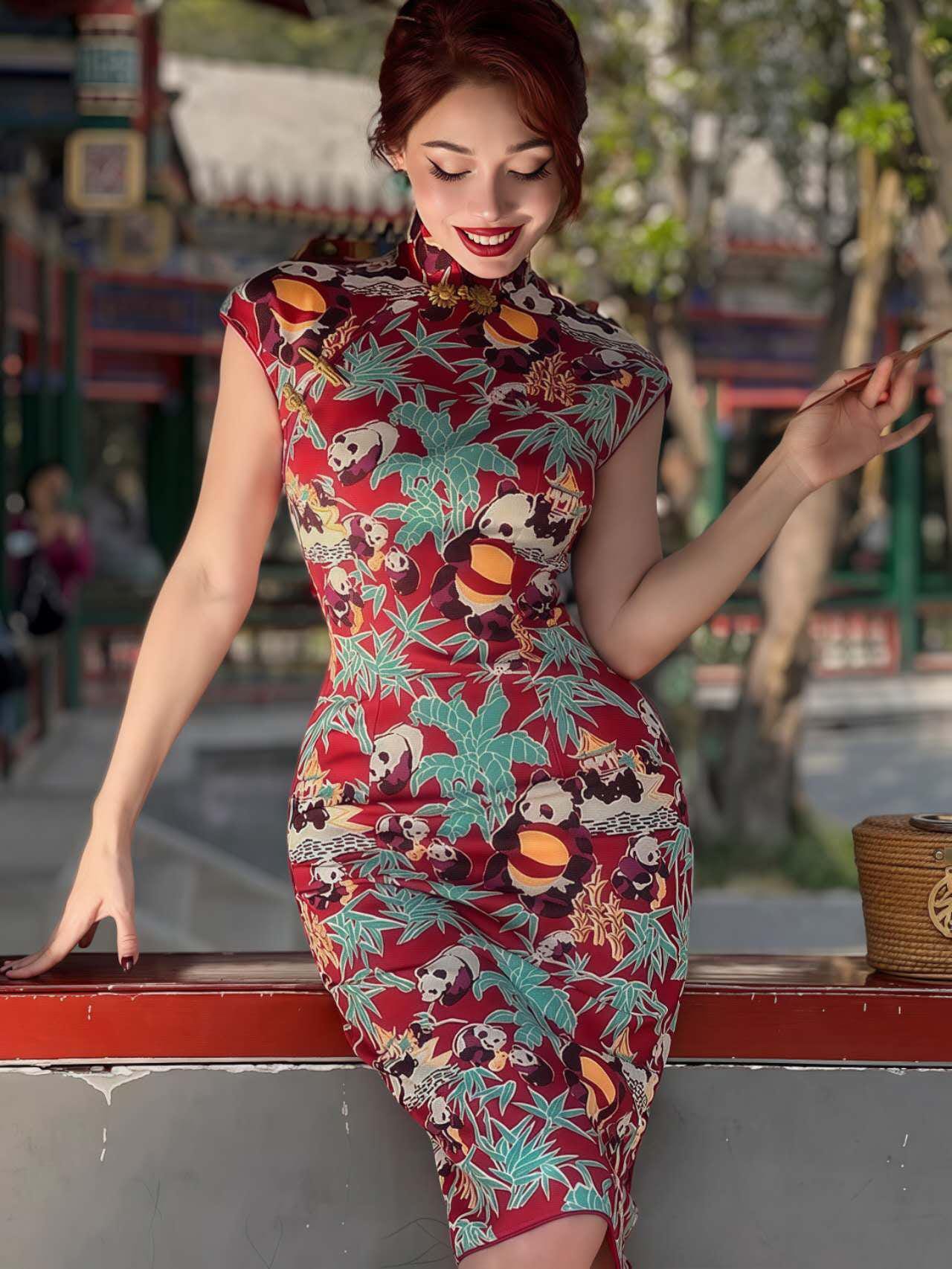 Qipao Retro con Estampado de Panda– Cheongsam Chino Casual de Algodón– Vestido Cultural Divertido- Regalo Único para Ella- vestido de fiesta