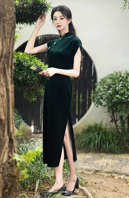Vestido Qipao Terciopelo Verde, Elegante Vestido Cheongsam Midi, Lujoso Oriental, Minimalista Estilo Chino, Conjunto Fiesta Otoño Invierno