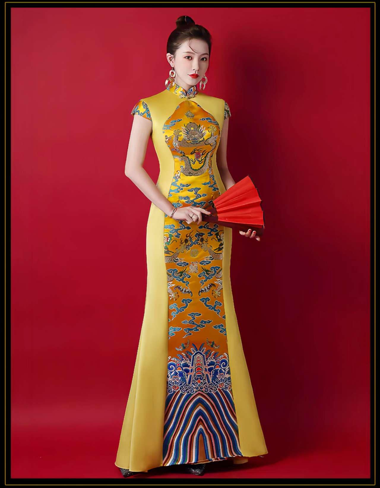 Cheongsam Dragón Imperial, Vestido Chino Amarillo, Vestido de Noche Oriental, Qipao Largo,Traje Tradicional Asiático,Traje Escénico Cultural