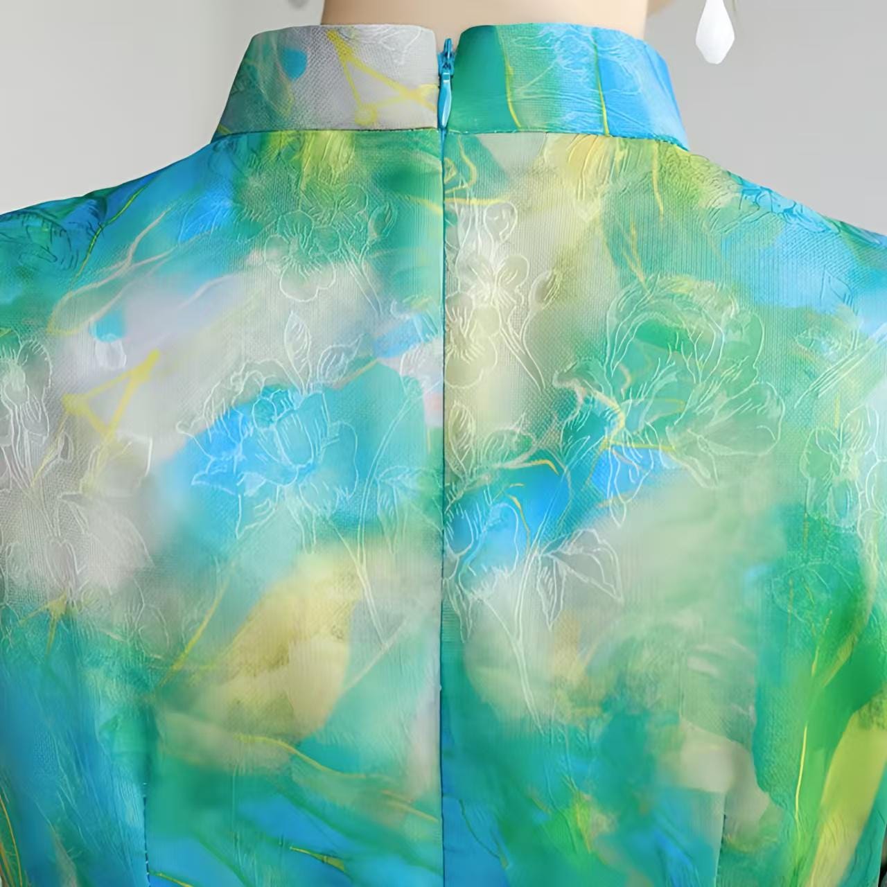Jacquard Qipao, Cheongsam Dress, Embroidered Ethnic Dress, Blue Green Artistic Maxi Qipao, Asian Traditional Formal Dress, Luxury Dress
