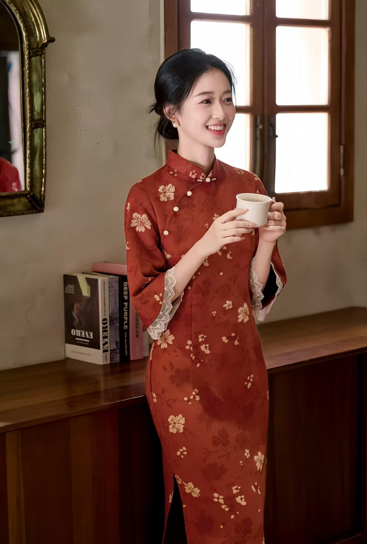 Vestido Qipao Rojo Vintage, Vestido Cheongsam de Ante, Elegante Vestido Midi Floral, Traje de Fiesta Estilo Chino, Cheongsam Otoño Invierno