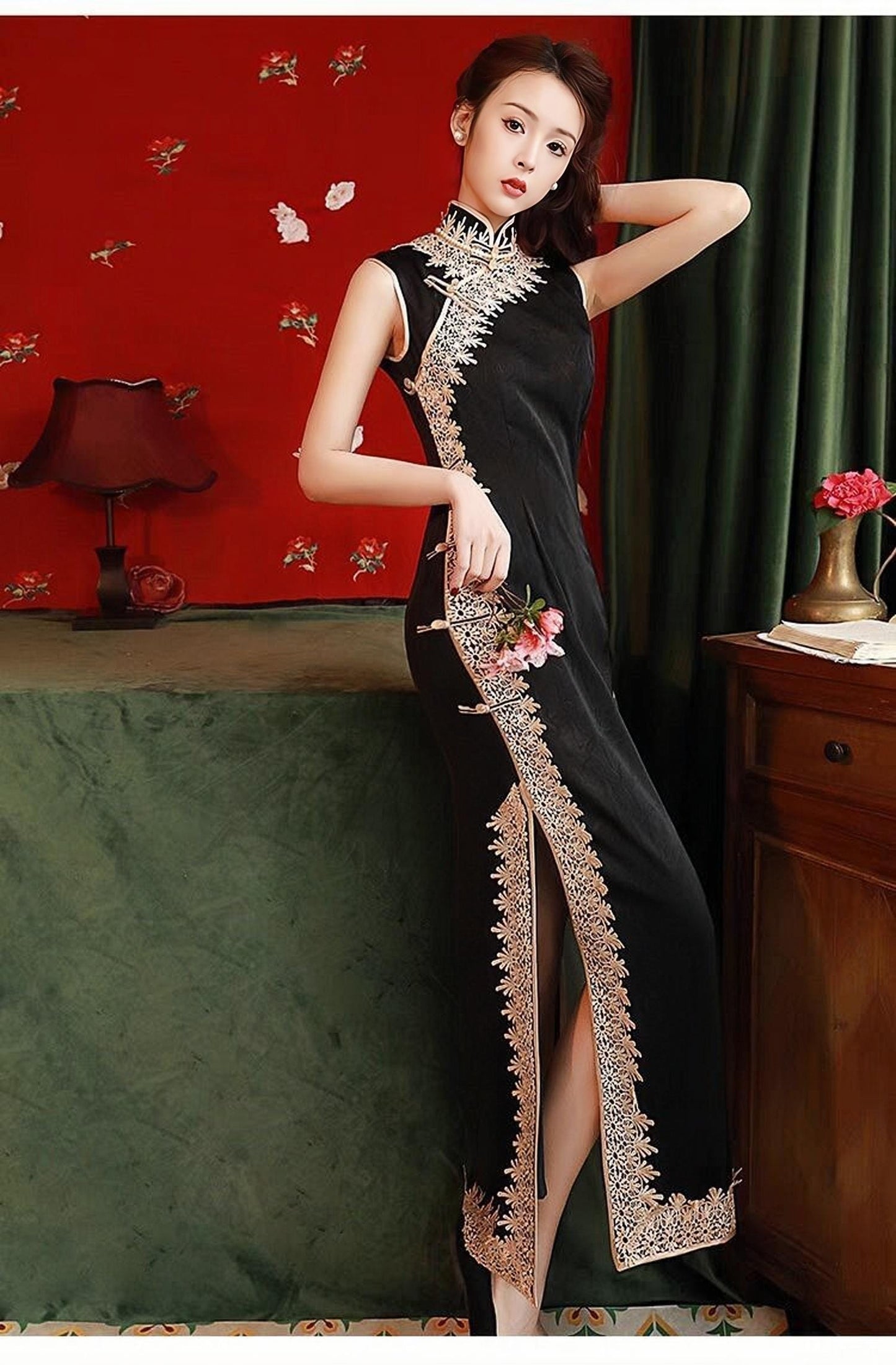 vestido qipao negro,vestido largo tradicional chino, Cheongsam estilo Shanghái retro, vestido asiático sexy,Vestido Vintage para Té