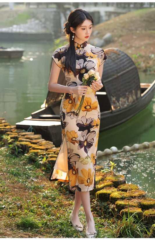 Vestido Qipao Floral Vintage,  Cheongsam de Estilo Clásico, Vestido de Verano, Vestido Oriental Floral, Vestido de Invitada de Boda Asiática