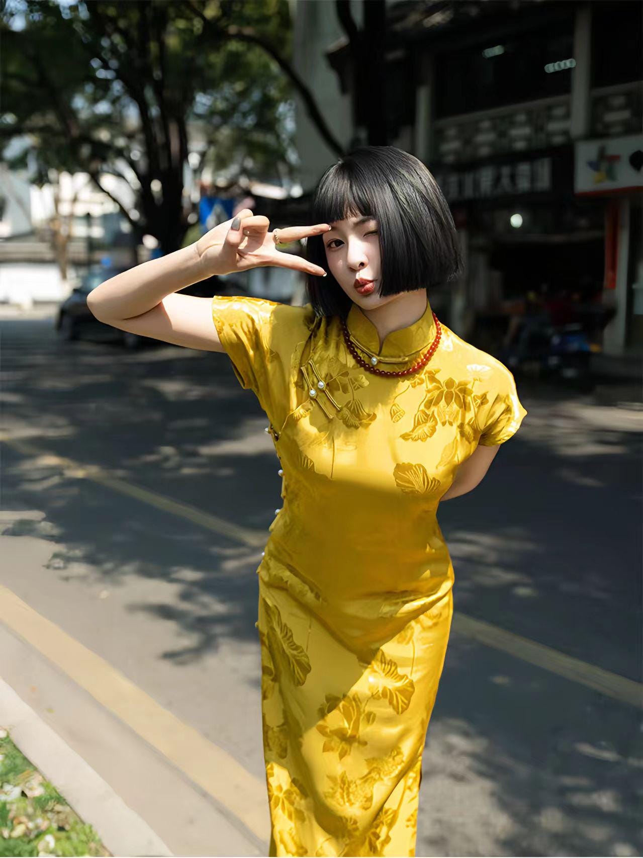 Vestido Cheongsam Dorado, Elegante Vestido Qipao, Vestido Amarillo, Vestido Floral, Estilo Vintage Chino, Traje para la Ceremonia del Té