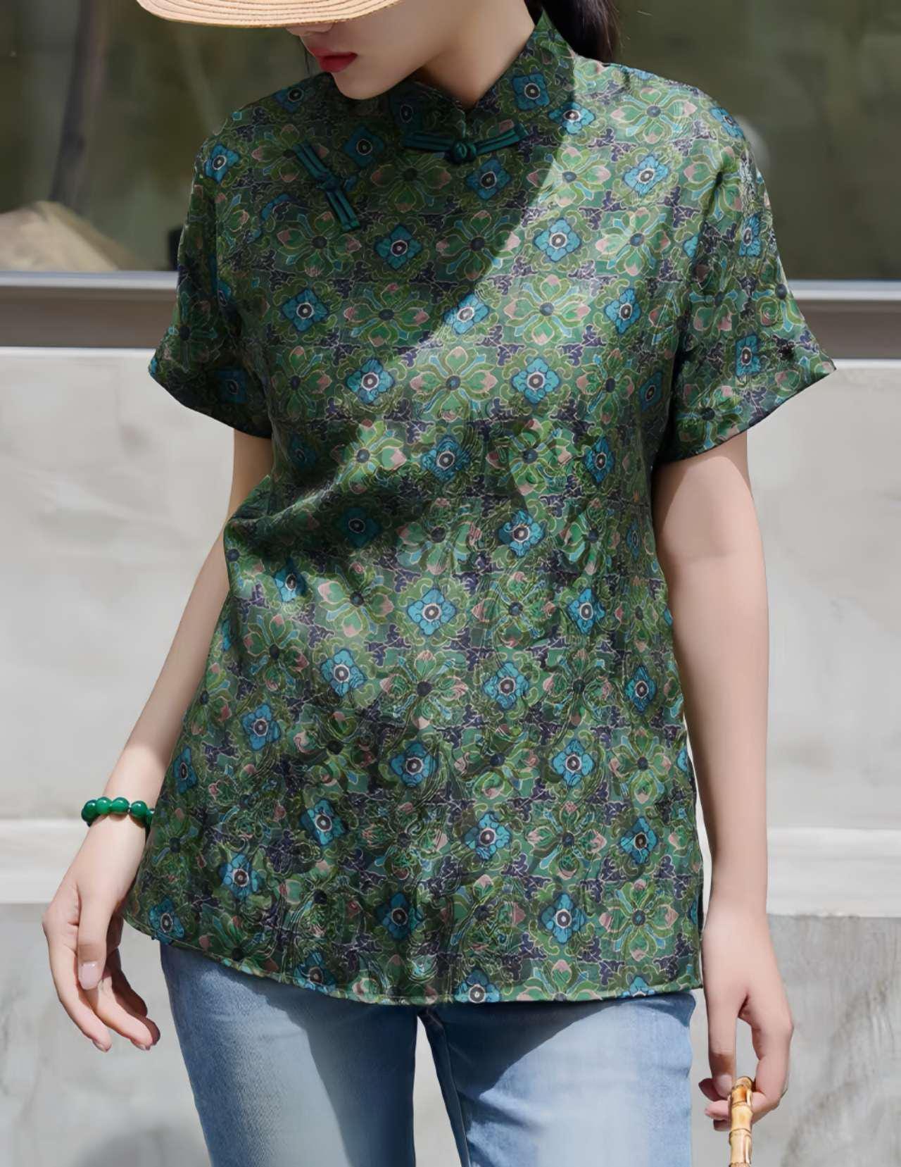 Camisa Verde China Tang,Top Vintage, Blusa Floral,Camisa Tradicional Botón Rana, Top Retro Verano,Moda Cultural Boho,Camisa étnica Statement
