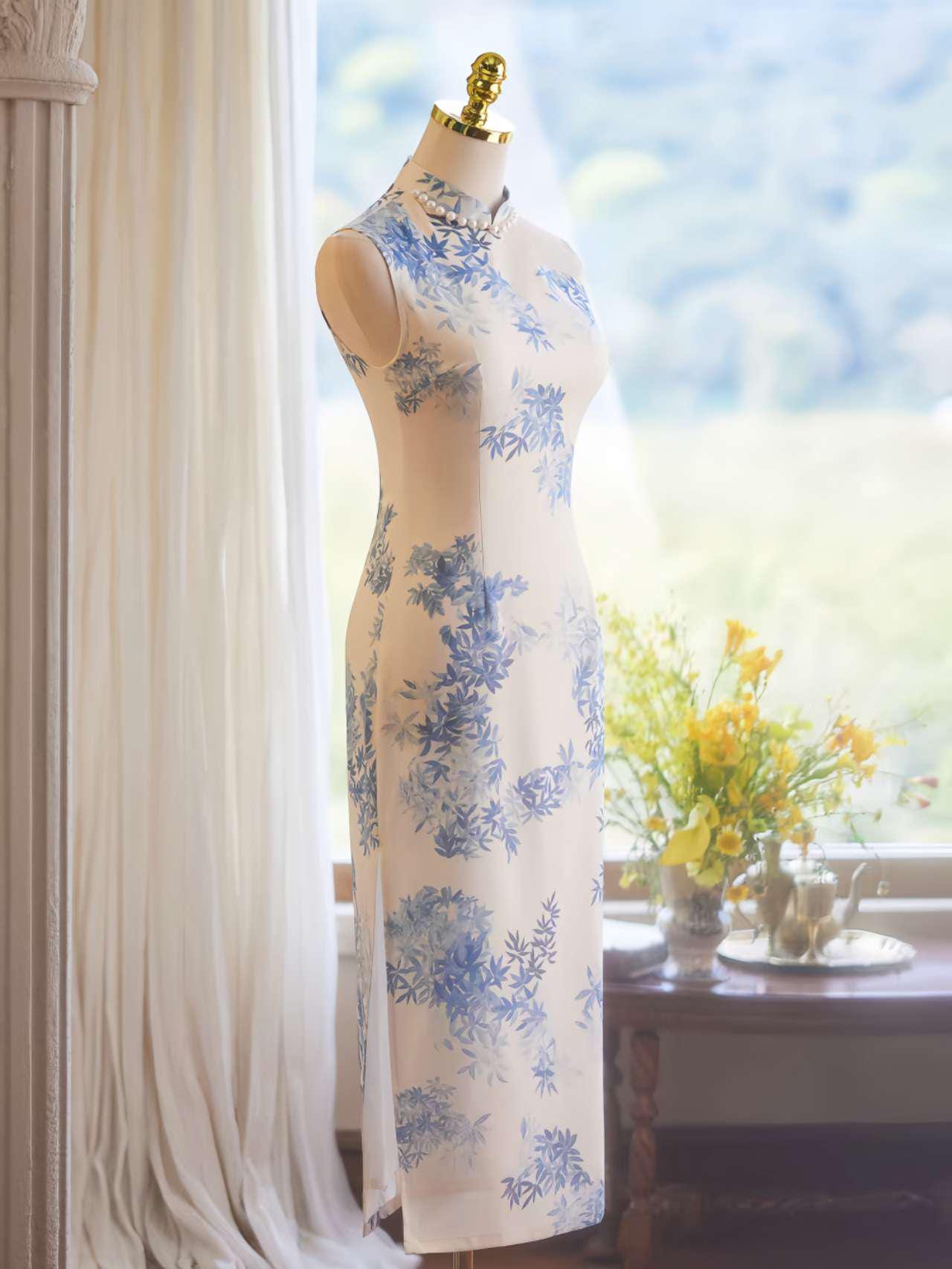 Lino de seda Vestido Cheongsam, Azul Blanco Bambú Qipao, Elegante Vestido de Té Chino, Clásico Estilo Oriental Librería,regalo para ella