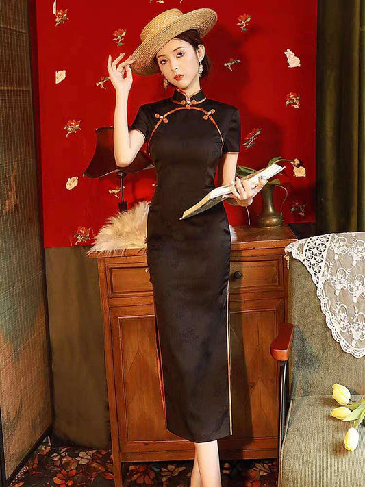 Vestido Qipao de Satén Negro,Vestido Cheongsam Vintage,Elegante Vestido,Traje Formal, Qipao Gótico Oriental,Vestido Tea Party Estilo Años 20