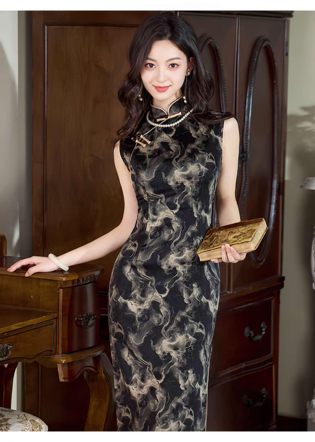 Cheongsam negro, Vestido de noche chino vintage, Regalo para ella, Vestido de cóctel oriental, Qipao formal, Vestido para Ceremonia del Té