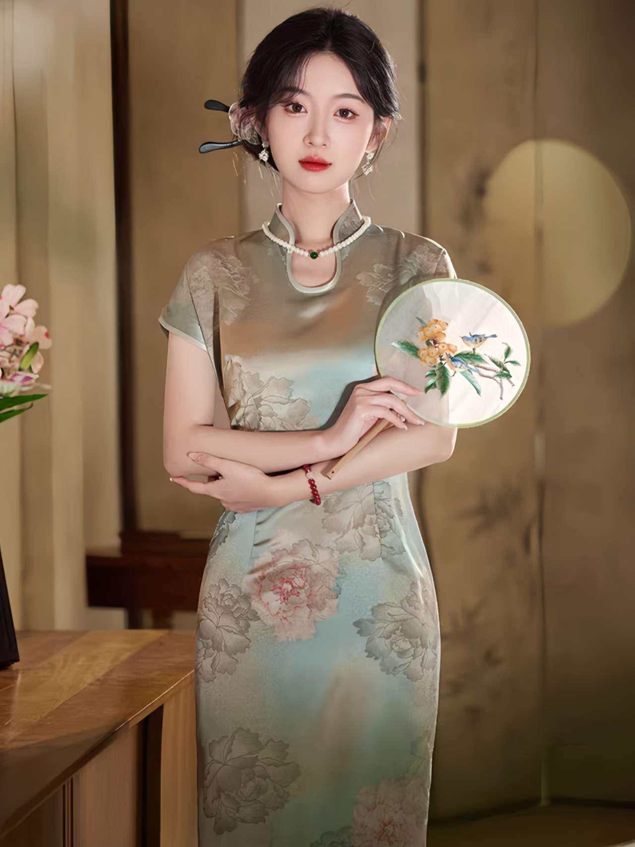Qipao con Cuello de Gota de Agua, Cheongsam Vintage, Qipao con Aspecto de Seda Suave, Qipao Primavera Verano, Vestido Tradicional Chino