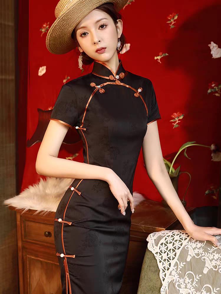 Vestido Qipao de Satén Negro,Vestido Cheongsam Vintage,Elegante Vestido,Traje Formal, Qipao Gótico Oriental,Vestido Tea Party Estilo Años 20