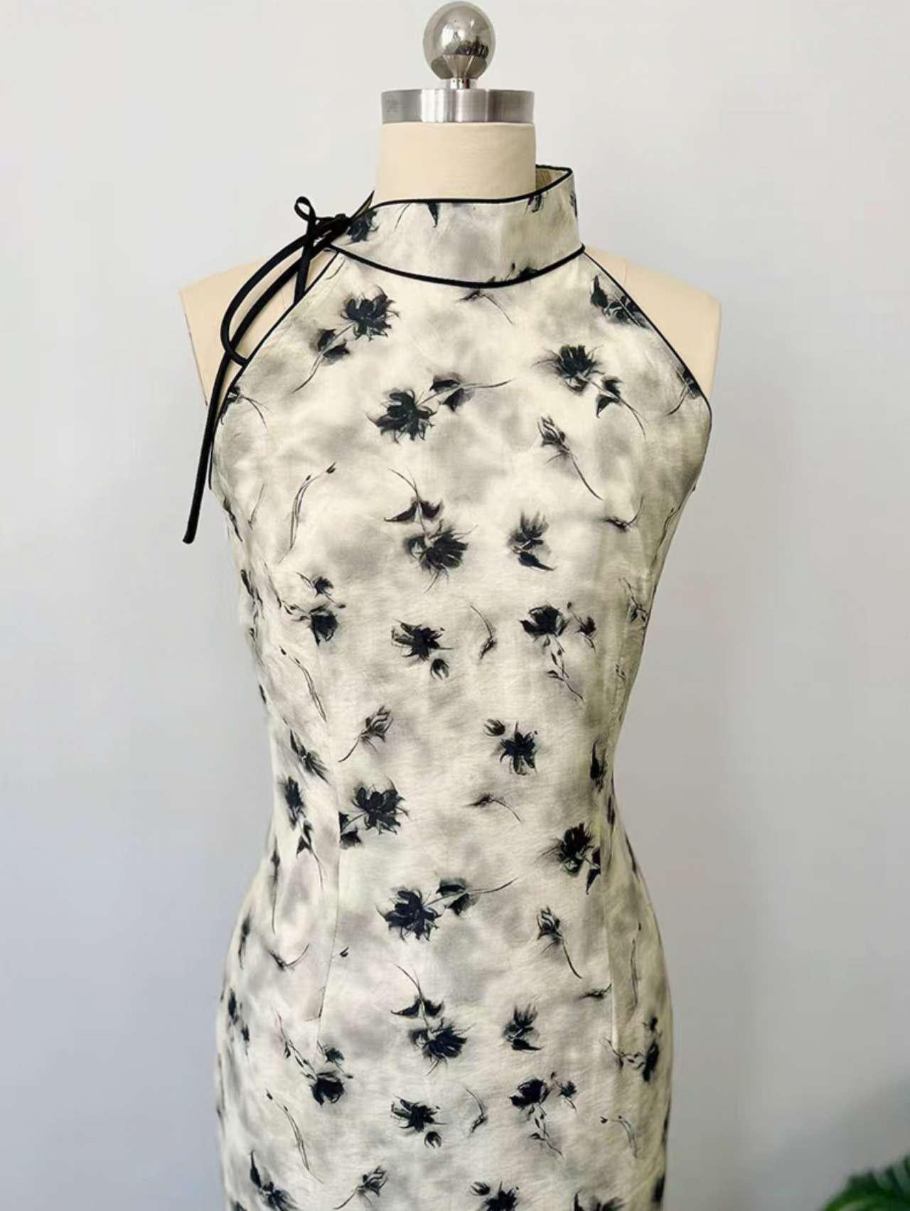 Cuello Halter Qipao, Vestido Floral Negro, Cheongsam Chino Moderno, Vestido Oriental Retro, Qipao de Verano, Vestido de Fiesta de Té, regalo