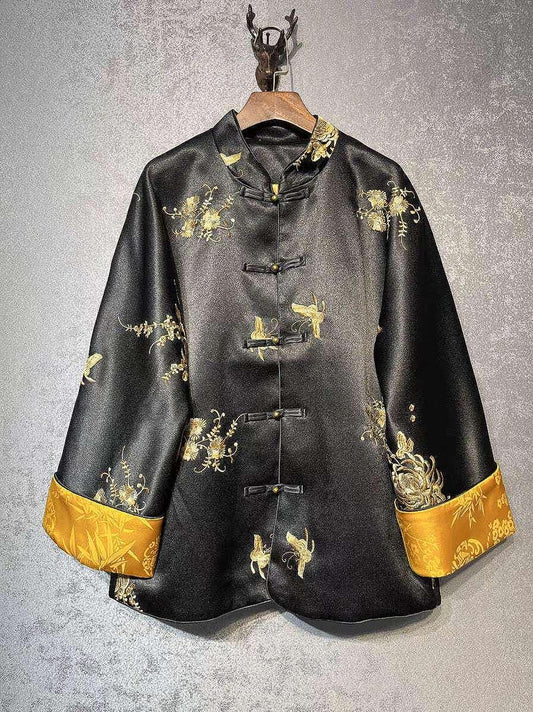 Chaqueta de seda china Tang, Abrigo negro,Blazer con bordado de grulla dragón,Bata  vintage,Chaqueta estilo asiático,Traje formal de Kung Fu