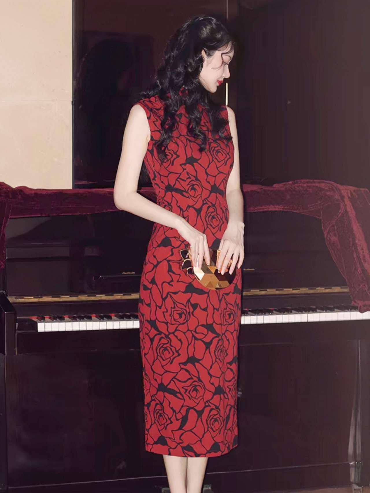 Vestido Cheongsam Rosa Roja, Vestido Qipao Chino Vintage, Vestido de invitada de boda, Vestido Midi,Vestido Estilo Shangai Años 30