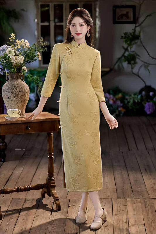 Long Cheongsam with Side Buttons, Faux Suede Velvet Qipao, Elegant Traditional Dress, Autumn Chinese Dress, Yellow
