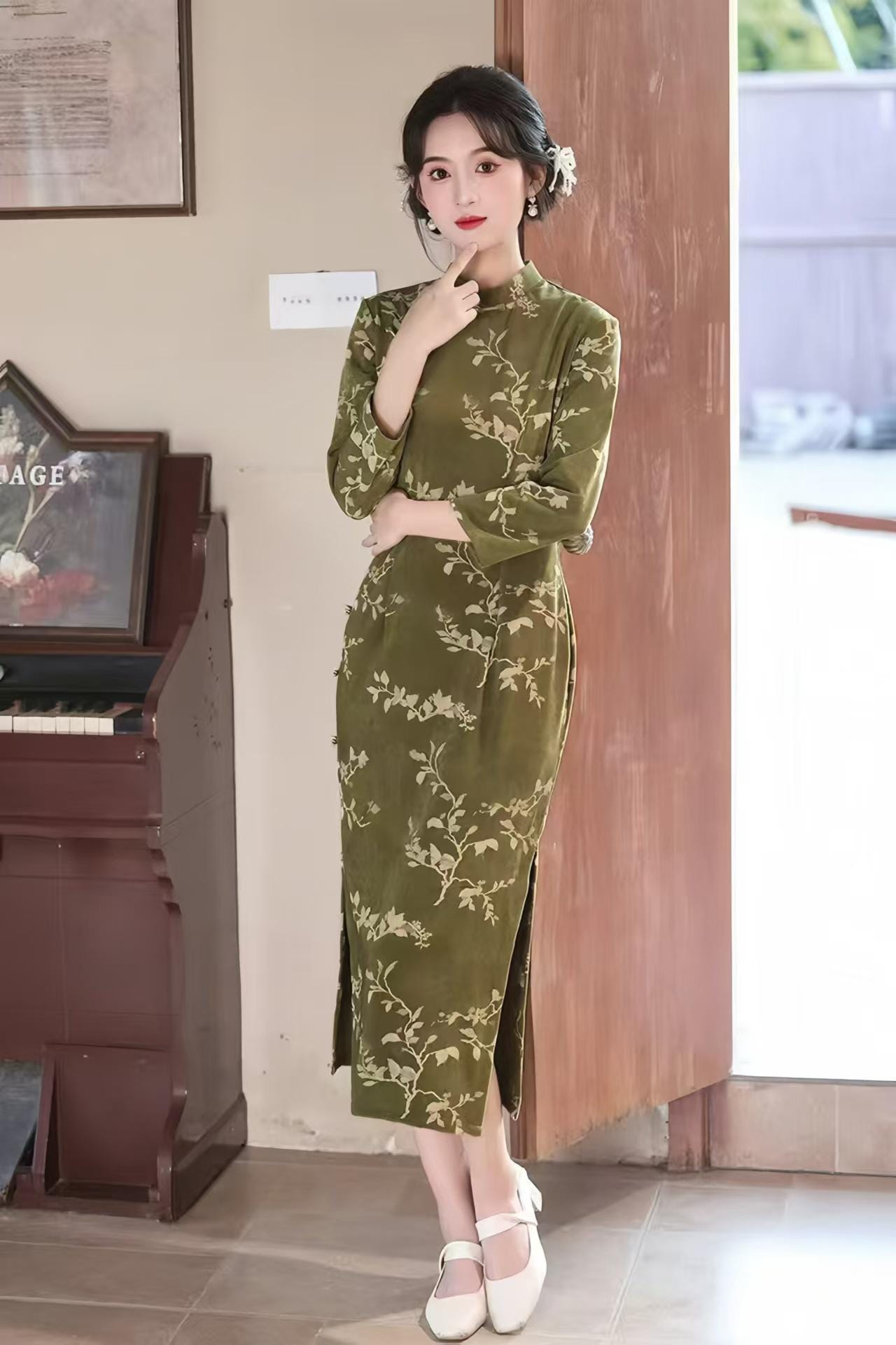 Green Qipao Dress, Autumn Cheongsam, Vintage Floral Suit, Long Sleeve, Formal Evening Party Wear, Traditional Chinese Fashion