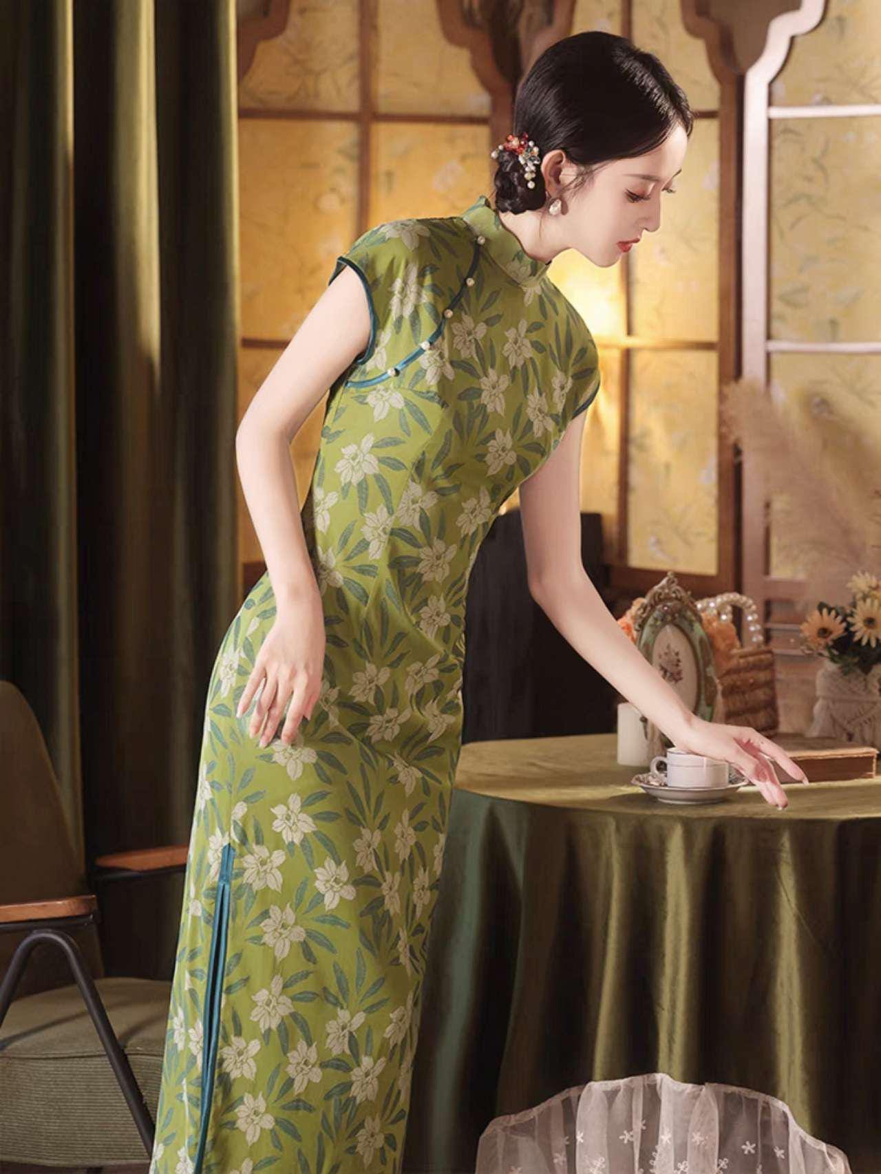 Vestido Qipao Brocado Floral, Cheongsam Chino Verde, Elegante Vestido, Vestido de Té  Retro, Qipao Primavera Verano, Qipao Invitada de Boda