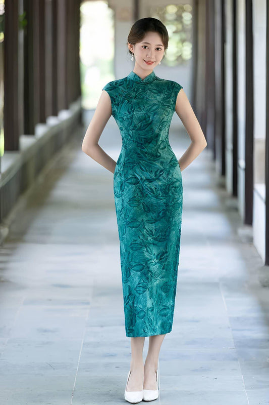 Vestido Qipao Jacquard Floral, Elegante Cheongsam Azul, Vestido Chino Vintage, Vestido Clásico, Oriental Moderno, Vestido Retro Azul Claro