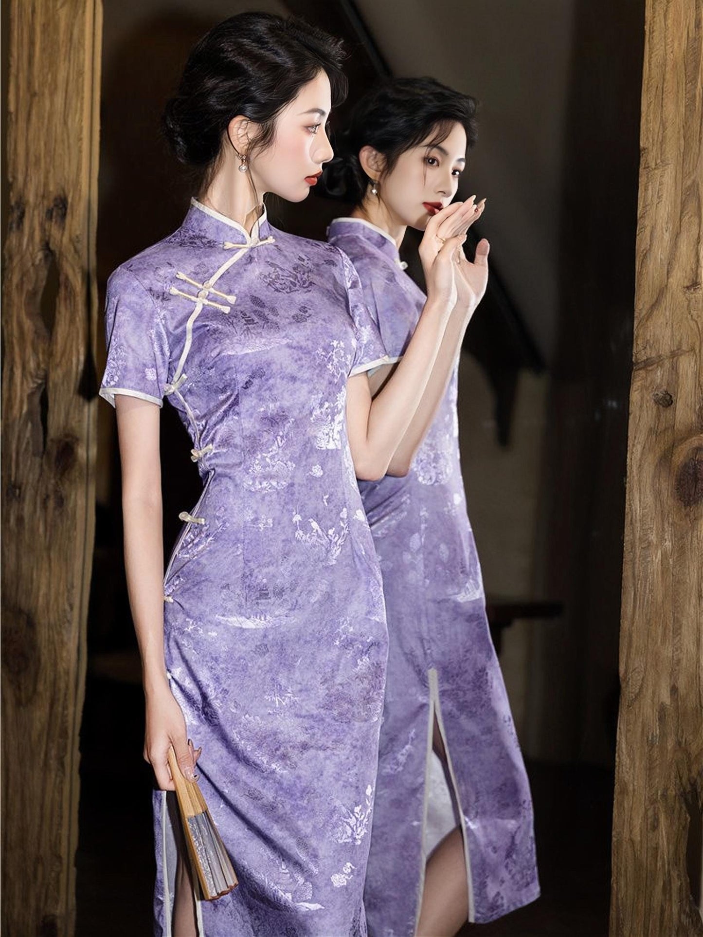 Vestido Qipao Morado, Elegante Cheongsam Chino,Vestido Retro Midi, Vestido Invitación de Boda Lavanda, Vestido Ceremonia Té,regalo para ella