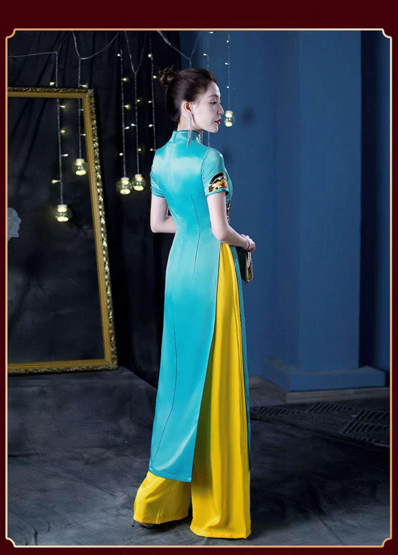 Elegante Cheongsam Blanco, Conjunto Qipao Chino, Vestido Panel Azul, Vestido de Noche Oriental, Vestido Largo, Vestido Ceremonia Cultural