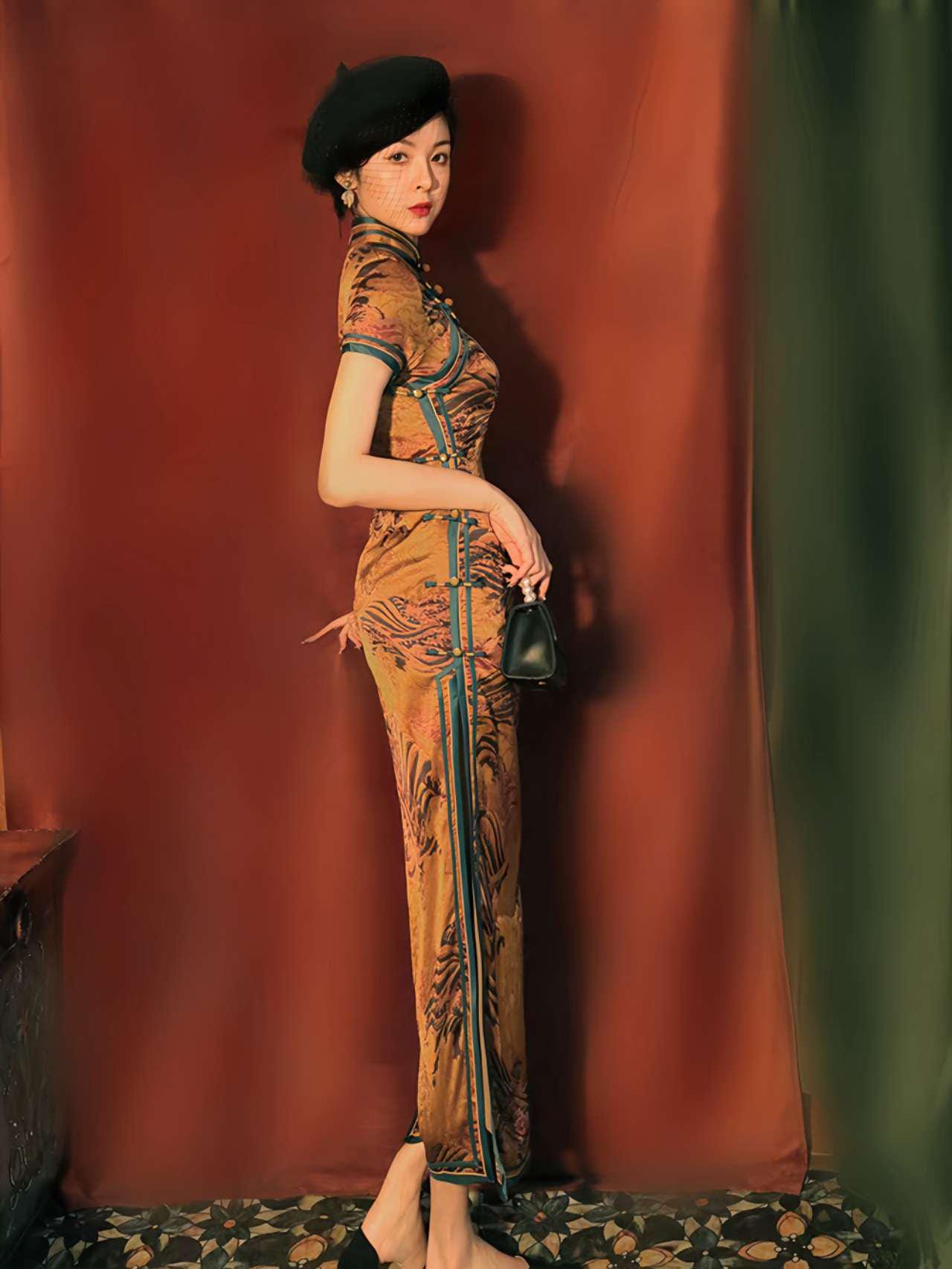 Vestido Qipao Brocado Dorado, Cheongsam Chino Vintage,Vestido Estilo Ópera China, Traje Antiguo de Shanghai,Vestido para Ceremonia del Té