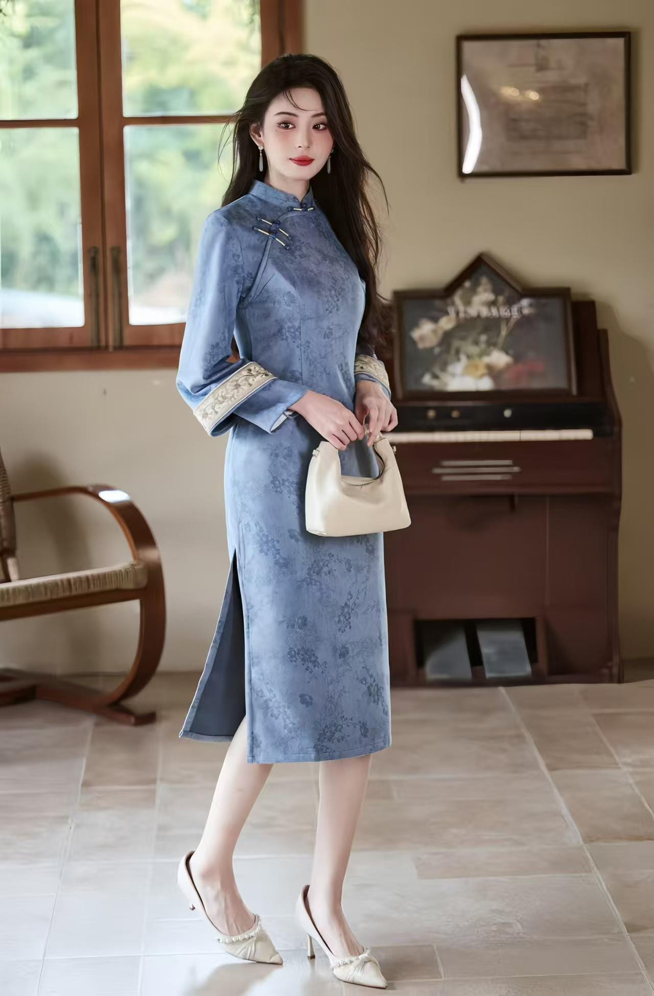 Printed Velvet Qipao, Two-Tone Cheongsam Dress, Elegant Oriental Midi Dress, Retro Chinese Autumn Dress, Pink Blue Party, Gift
