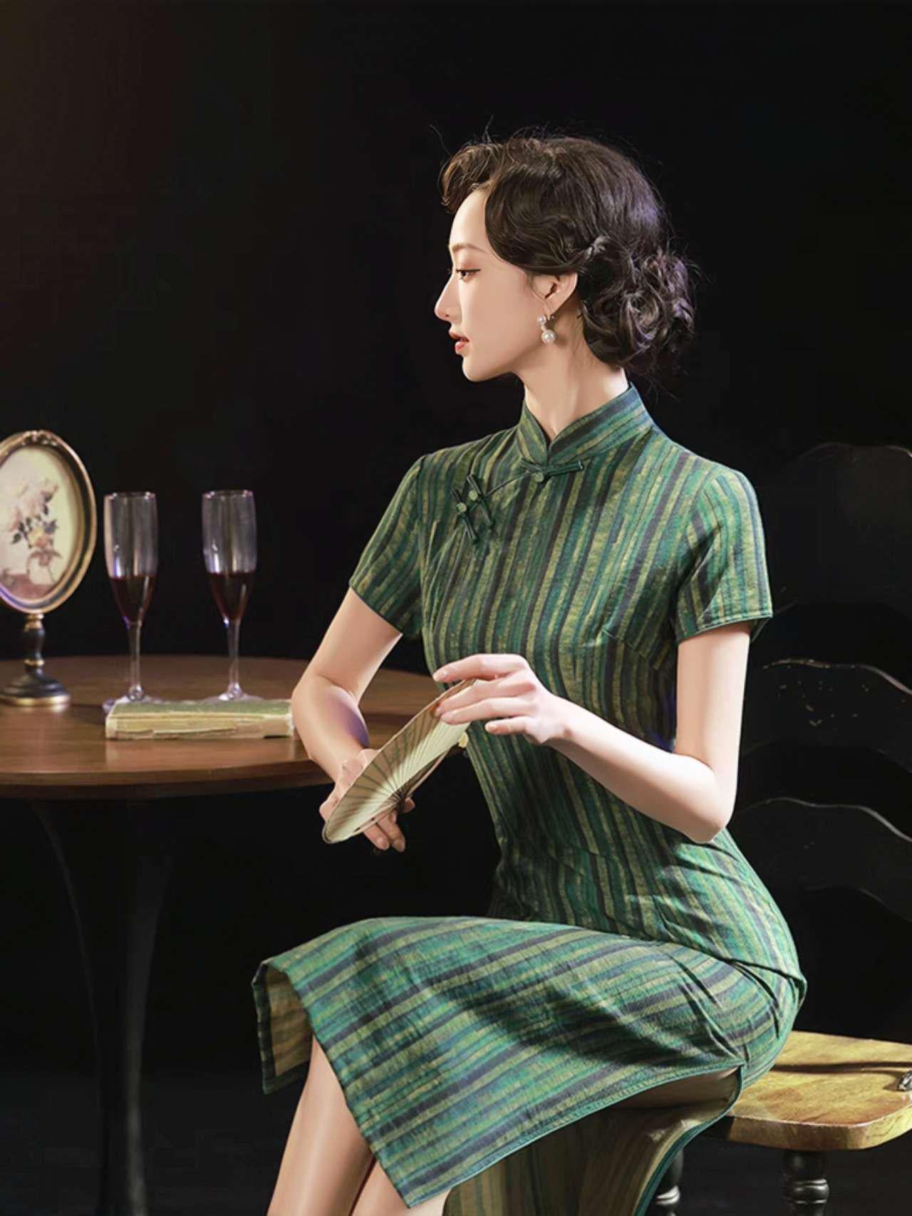 Qipao Verde Vintage, Cheongsam Retro Chino, Vestido Qipao a Rayas, Estilo Clásico de Shanghai, Qipao del Viejo Hollywood,Traje Tea Party