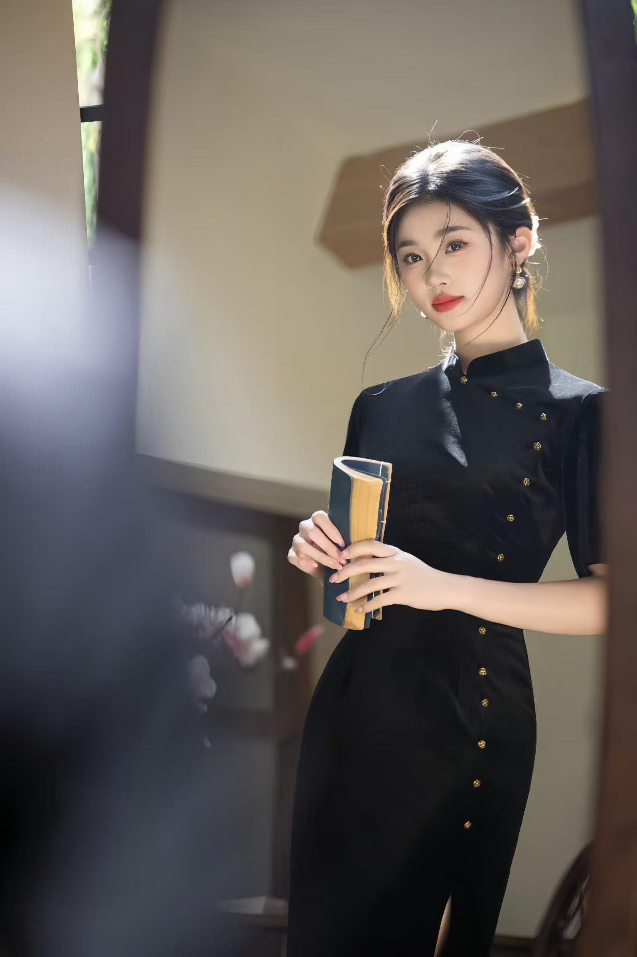 Minimalist Velvet Qipao Dress, Black Cheongsam with Gold Buttons, Elegant Midi Oriental Dress, Luxury Chinese Autumn Dress