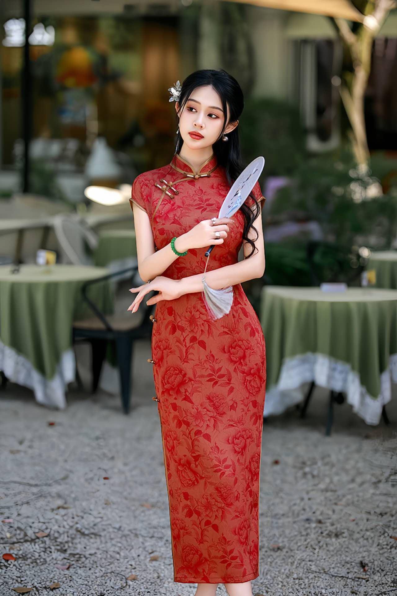 Vestido Qipao Brocado Rojo, Elegante Cheongsam Chino, Vestido Regalo Madre Asiática, Vestido Retro Té Oriental, Vestido Largo