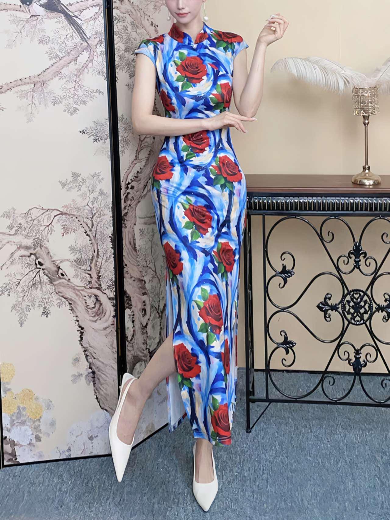 Vestido Qipao Estampado Rosa, Cheongsam Chino Floral,Vestido Rosa Rojo Abstracto, Qipao Moderno para Fiesta,Vestido Oriental Largo Azul Rojo