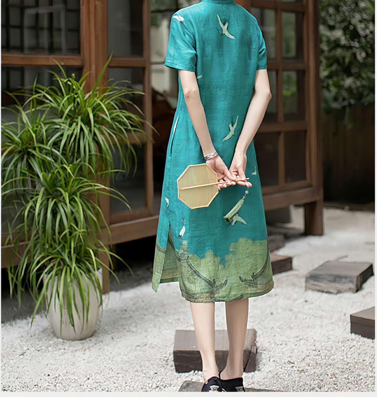 vestido Hanfu de lino chino, vestido largo estilo zen, vestido elegante con grullas  de lino, vestido bohemio oriental, regalo  para madre,