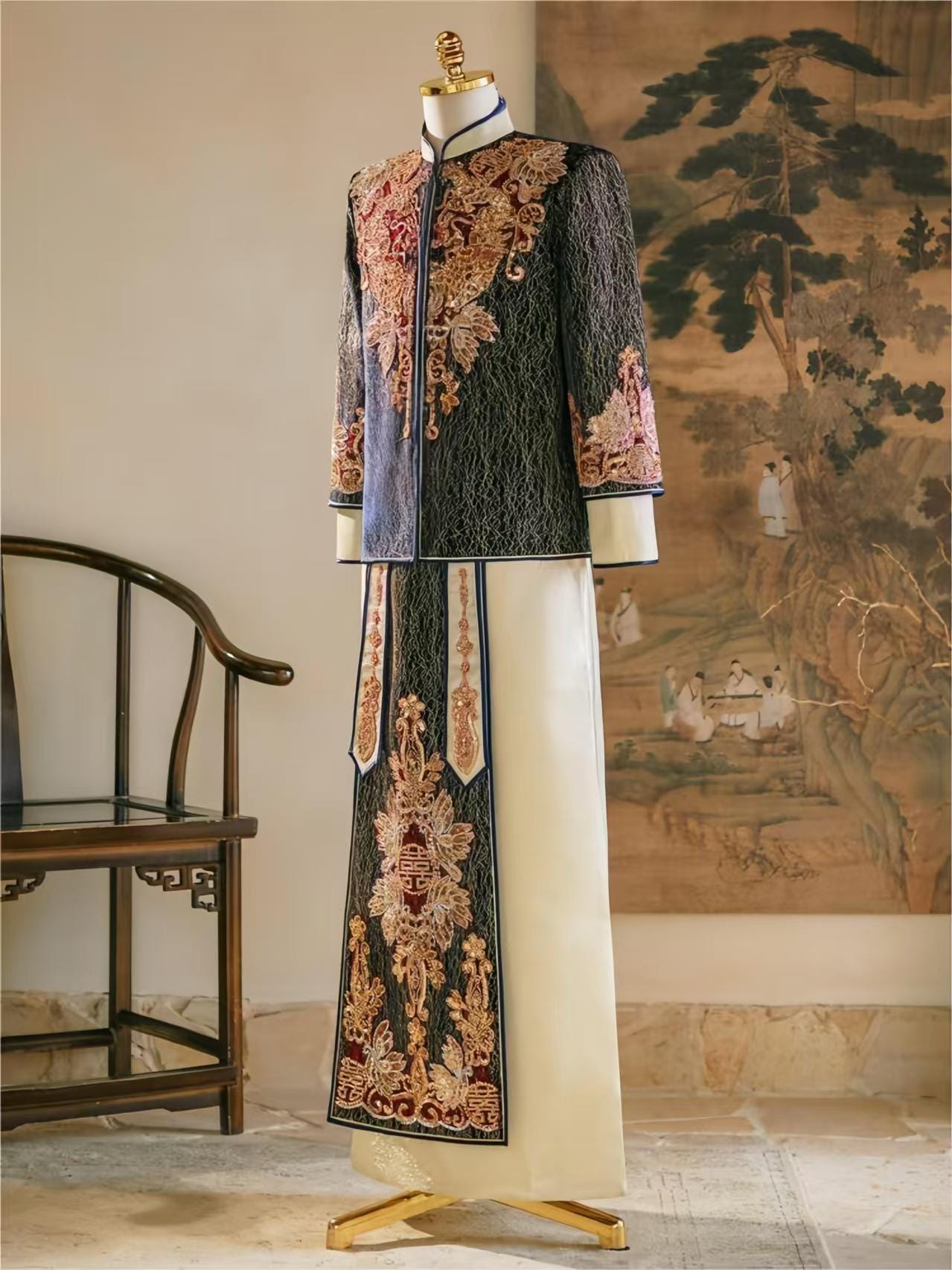 Chinese Groom Suit, Dragon and Phoenix Embroidered Groom Suit, Traditional Silk Brocade Groom Suit, Long-Sleeved Luxury Wedding, Gift