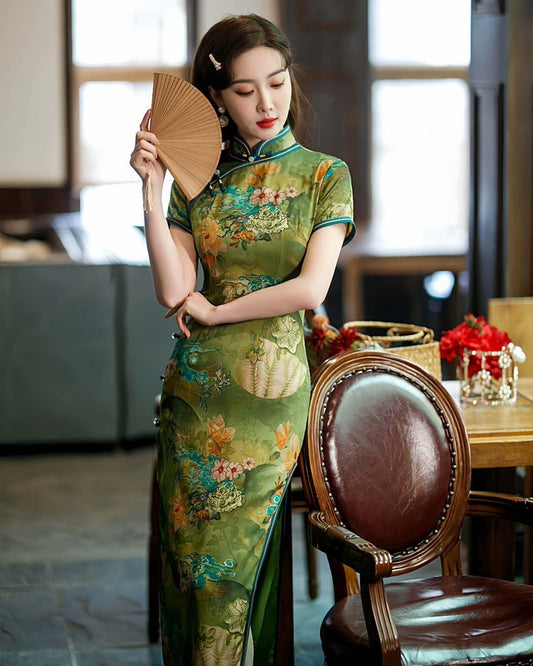 Qipao verde, vestido cheongsam de satén vintage, vestido chino, elegante qipao floral, vestido retro de tallas grandes, Ceremonia del Té