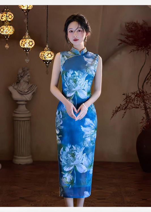 Vestido Qipao Malla Azul,Cheongsam Floral Acuarela,Vestido Chino Moderno,Vestido de Fiesta Cultural,Qipao Primavera Verano, regalo para ella