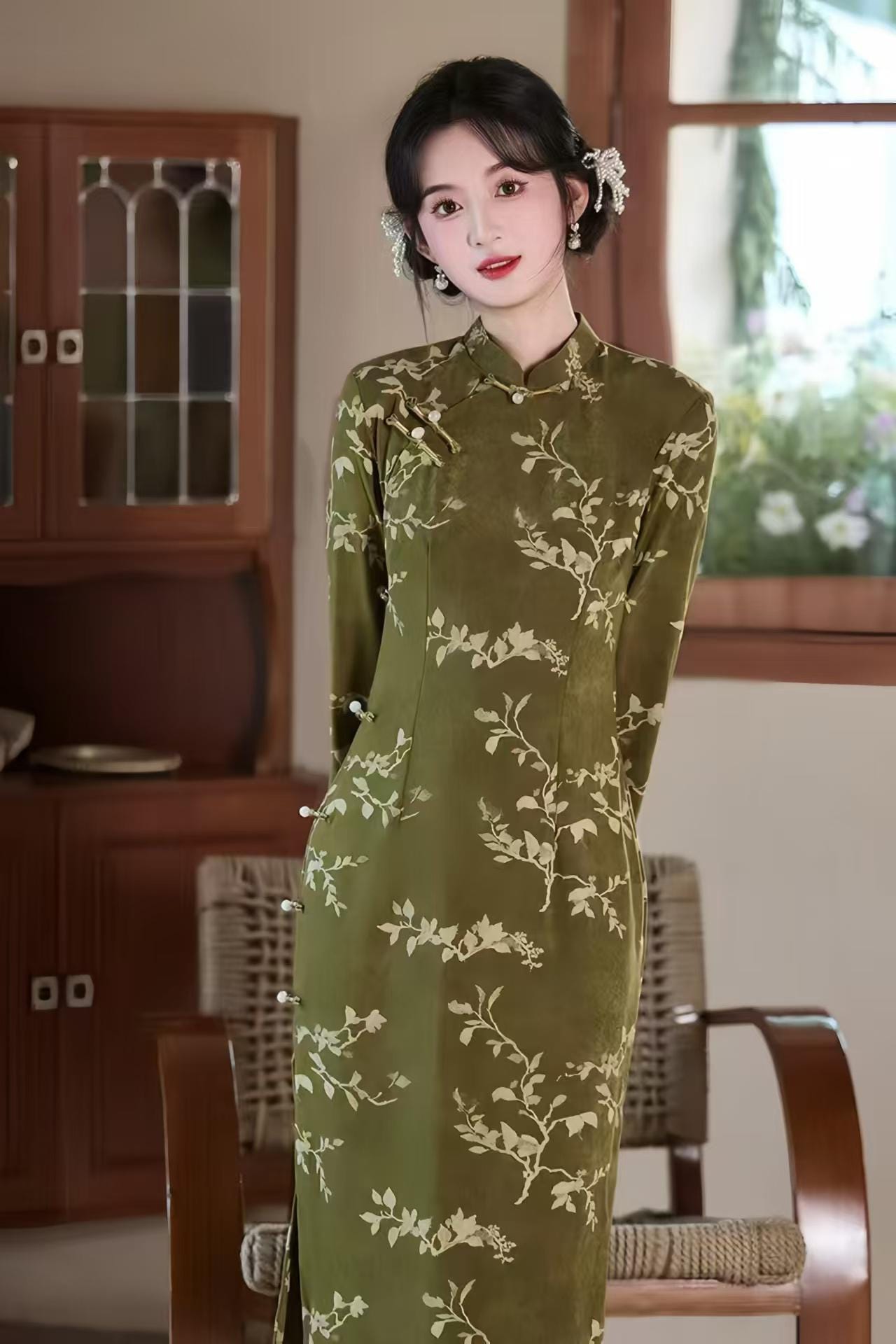 Green Qipao Dress, Autumn Cheongsam, Vintage Floral Suit, Long Sleeve, Formal Evening Party Wear, Traditional Chinese Fashion