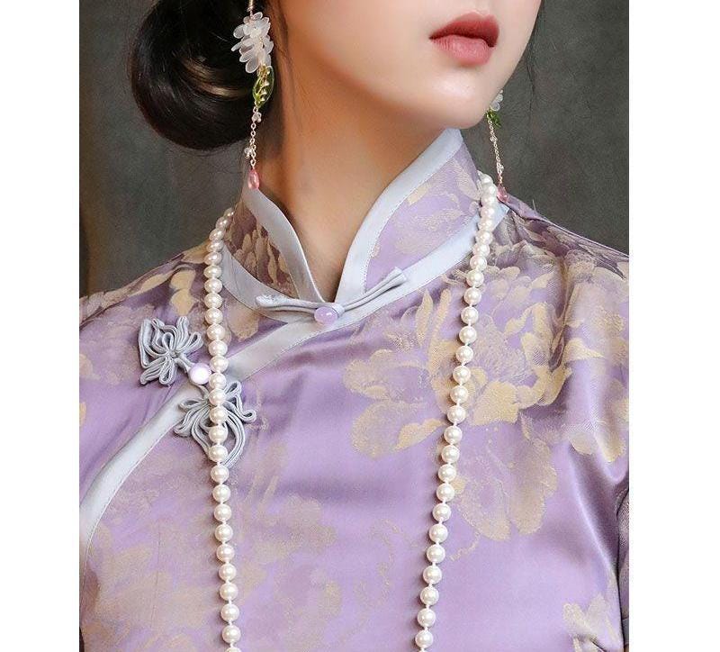 Vestido Qipao Jacquard Acetato Lila | Cheongsam morado Chino Retro | Elegante Vestido de Fiesta Oriental | Cheongsam Floral Mujer