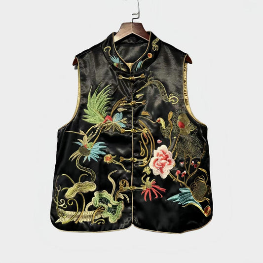 Vintage Chinese Embroidery Vest, Hanfu Style Waistcoat with Flowers and Birds, Unique Gift for Her, Daily Work/Tea Ceremony