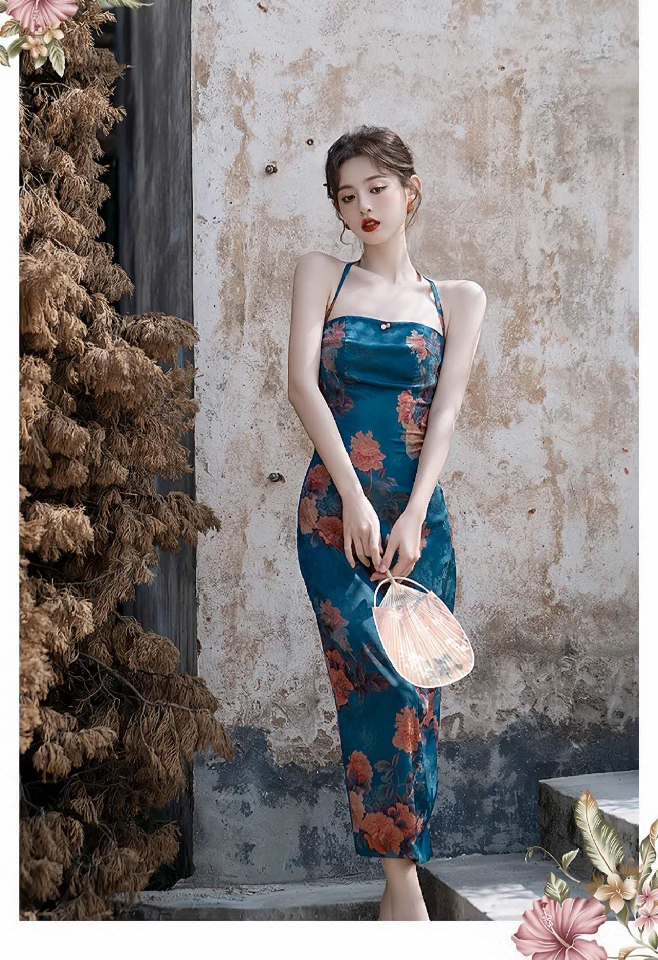 Dos Piezas Floral Qipao,  Retro Asiático Halter Vestido, Clásico Floral Vestido Chino,Azul Cheongsam Vestido Conjunto,Verano Vintage Vestido