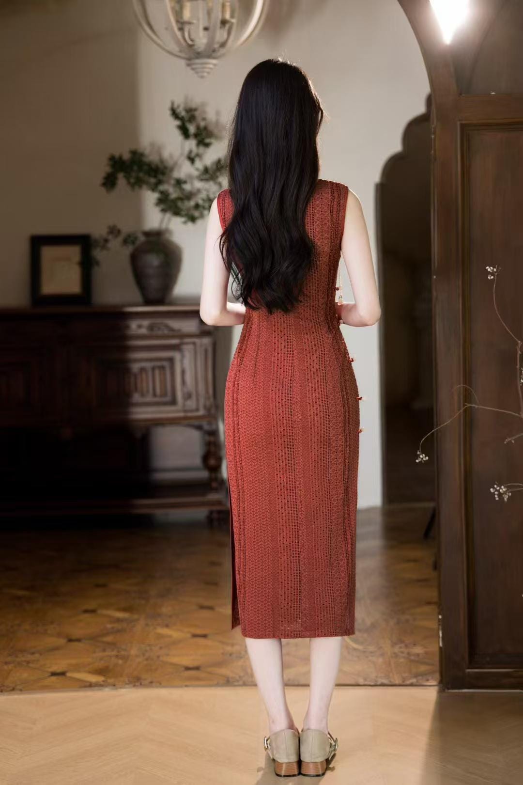 Elegant Knitted Qipao Dress, Double-Layer Cheongsam, Autumn Winter Velvet, Vintage Gown with Mandarin Collar, Floral Print, Gift