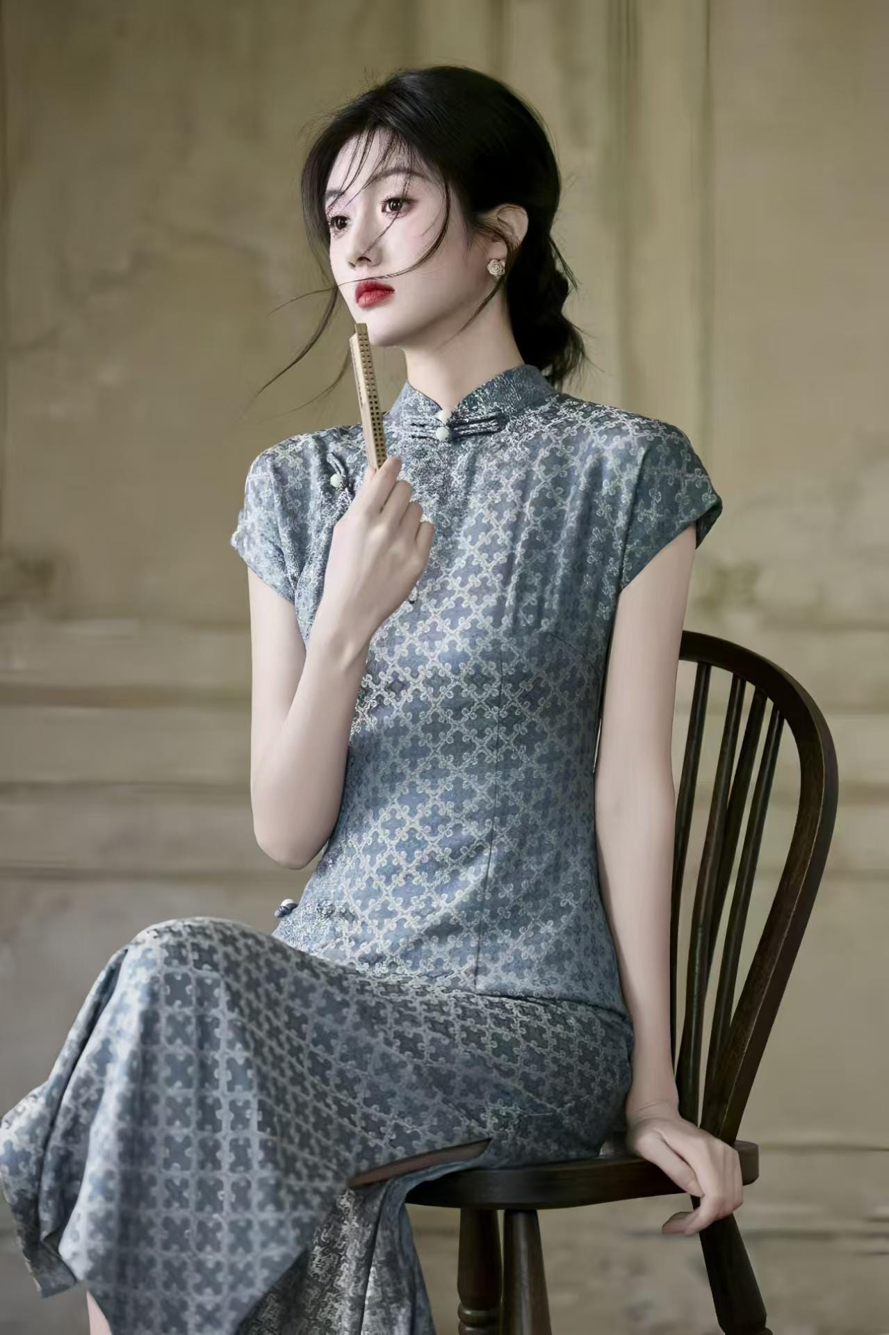 Jacquard Qipao Cheongsam, Elegant Mandarin Collar Dress, Vintage Chinese Dress, Slim Fit Party Dress, Blue Formal Dress, Gift