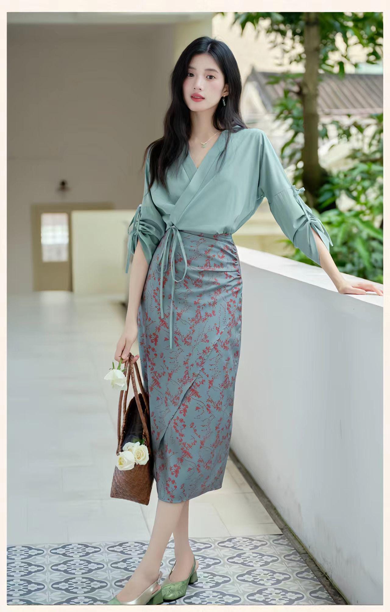 Elegante conjunto de falda y top verde, traje de dos piezas inspirado en el Qipao,conjunto de estilo chino vintage,ropa de oficina cultural