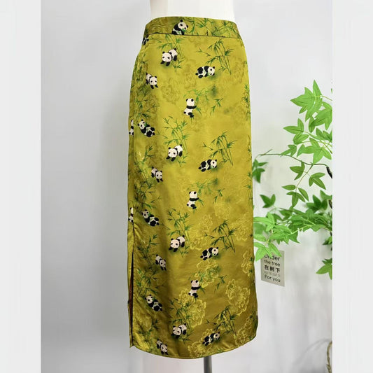 Panda print skirt, Chinese satin midi skirt, Straight skirt with slit, Vintage-inspired Qipao skirt, midi skirt