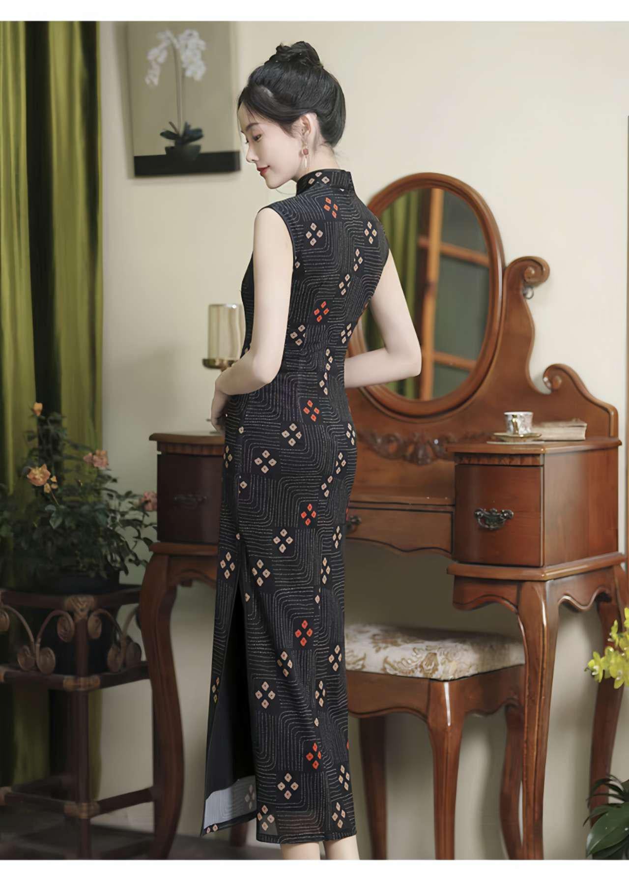 Vestido Qipao Negro, Cheongsam Chino Retro, Elegante Vestido, Vestido Oriental Minimalista, Qipao Geométrico Moderno,Traje de Noche Asiático